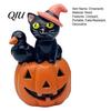 Pink Wizard Hat Cat Halloween Pumpkin Figurine, Retro Black Stacked Resin Decorations Tabletop Figurine for Table Desk Office Mantel Home Fireplace