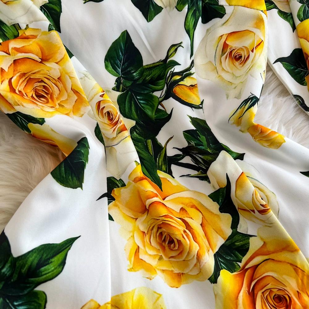 Летнее подиумное модное облегающее платье с принтом розы, женское праздничное платье с круглым вырезом и рукавами 3/4, элегантные вечерние платья миди с разрезом