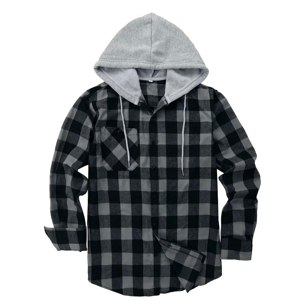 Men's Plaid Shirt Hooded Button Sweatshirt Men's Casual Fashion Sweatshirt