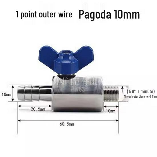 304 Stainless Steel Mini Ball Valve with Butterfly Handle, Internal/External Threads, High Pressure, 4-Way Pagoda Tube Connector.