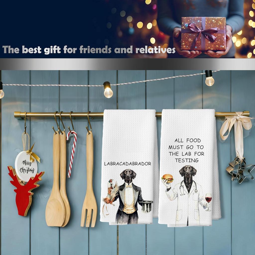 Funny Black Labrador Retriever Kitchen Dish Towels, Black Lab Gifts, All Food Must Go to The Lab for Testing Decorative Hand Tea Towels for Kitchen