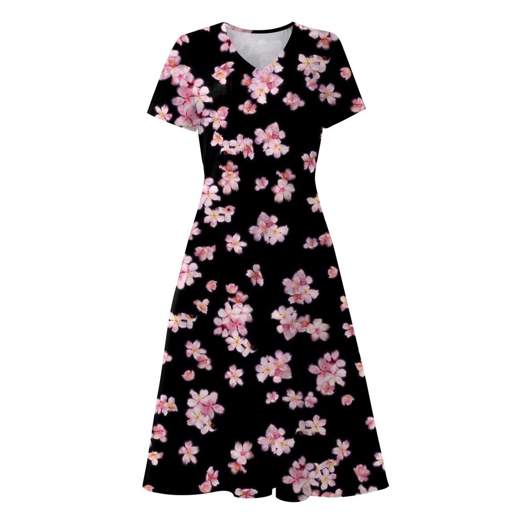 Women's Summer Casual Fashion Floral Print Short Sleeve V-Neck Swing Dress