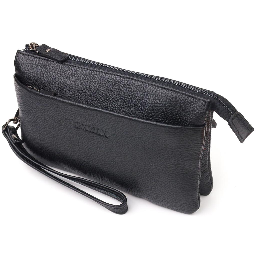 Spacious Men's Clutch Made of Genuine Grained Leather CANPELLINI 21557 Black