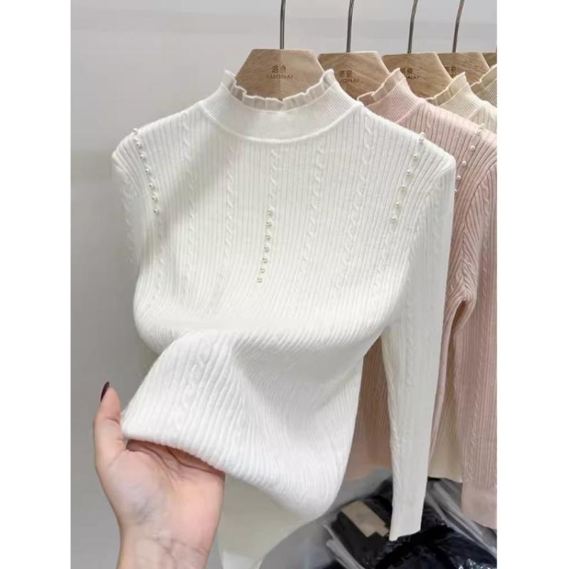 Женская базовая водолазка с полувысоким горлом, осенне-зимняя, внутренняя, с уникальным шикарным топом-свитером с жемчужинами, вязаный свитер с длинным рукавом