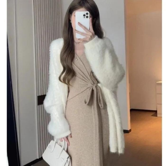 2023 Высококачественный вязаный комплект платья-свитера для женщин - Осенне-зимний длинный стиль