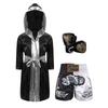 Kids Boys Boxing Robes Children Training Costume Outfit Grappling Muay Thai Hooded Robe with Belt Shorts Bjj Boxer Gloves Set