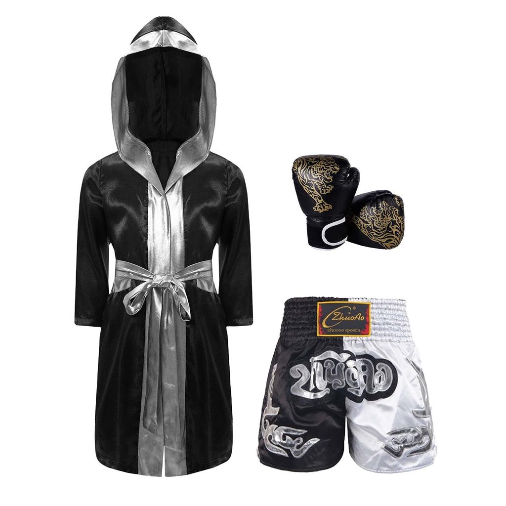 Kids Boys Boxing Robes Children Training Costume Outfit Grappling Muay Thai Hooded Robe with Belt Shorts Bjj Boxer Gloves Set