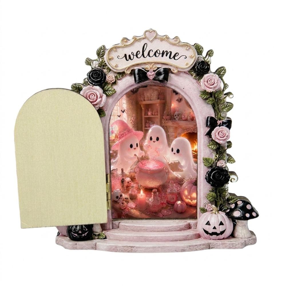 Openable Mini Wooden Ghost Door Figurine Rose Bow Welcome Ghost Door Craft Decor Home Decor