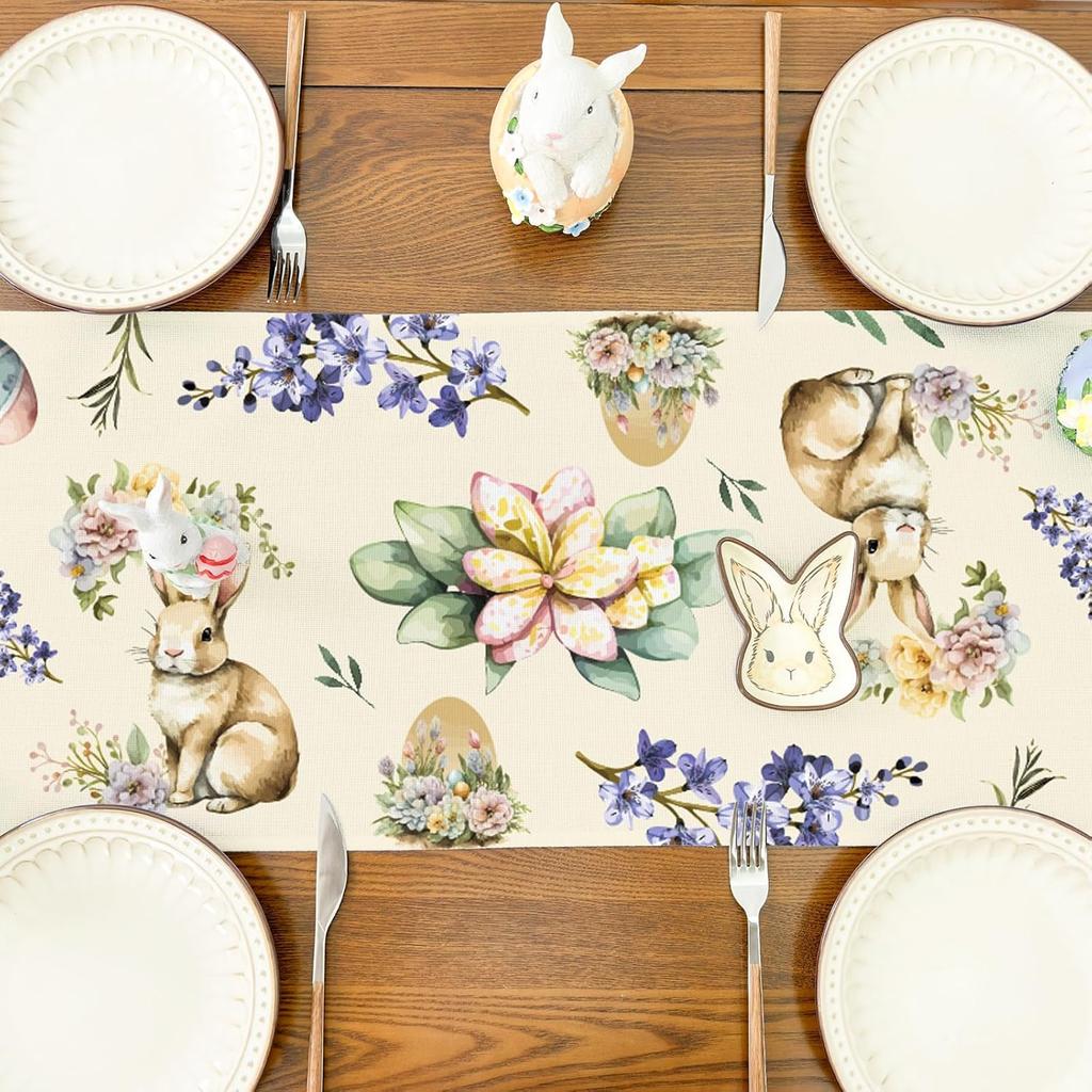 PATIO CHOICE Table Runner Easter Decorations Bunny Watercolor Easter Eggs Flower- Easter Table Runners Kitchen Dining Table Decoration for Home Party
