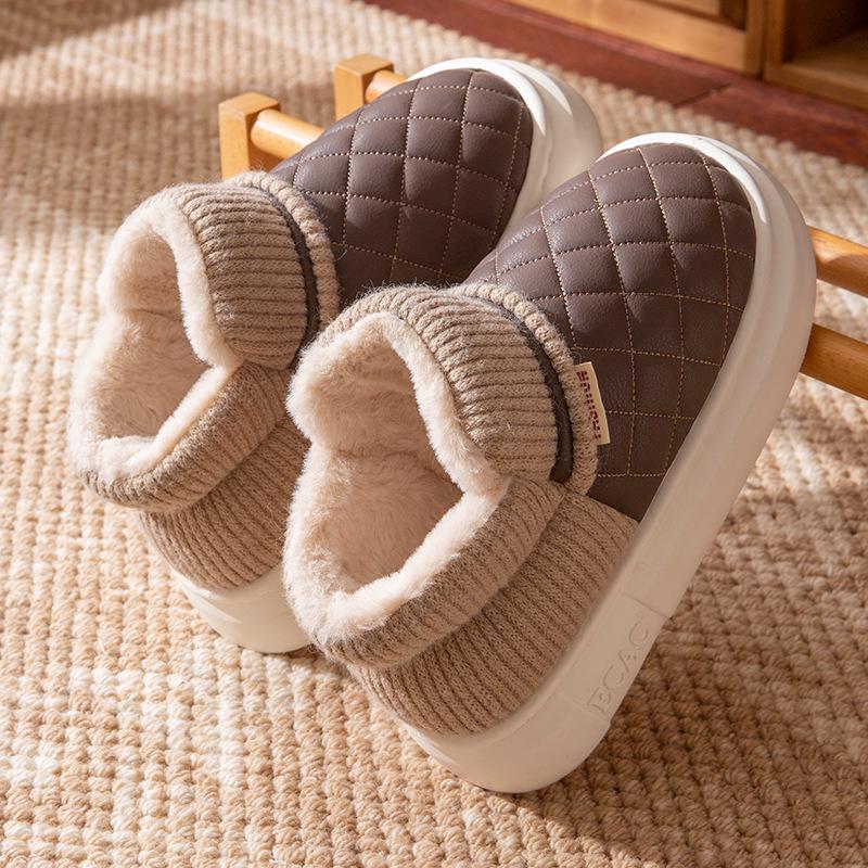 Waterproof Women's High-Top Anti-Slip Cotton Slippers with Thick Sole and Plush Lining for Winter 2025