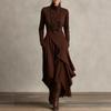 Womens Fall Long Dress Solid Color Cross High Neck Sleeve Loose A-Line Daily Wear