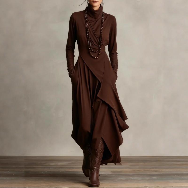 Womens Fall Long Dress Solid Color Cross High Neck Sleeve Loose A-Line Daily Wear