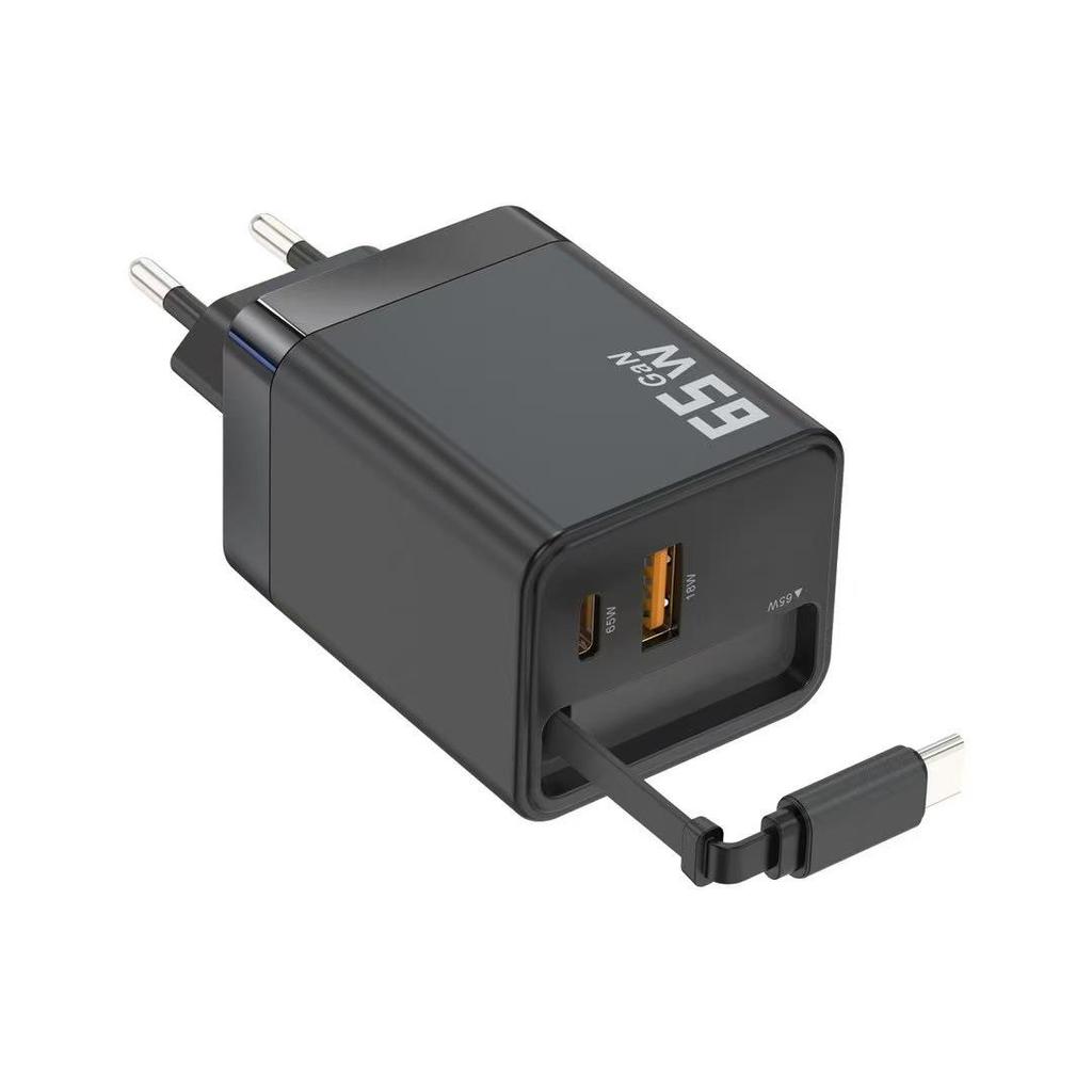 Двухпортовое GaN-зарядное устройство PD65W британского стандарта с выдвижным кабелем: Быстрая зарядка A+C