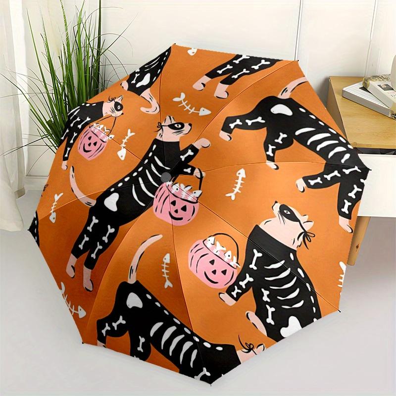 1pc Skelecat Halloween Automatic Open/Close Umbrella with One-Touch Button, Compact Folding Canopy, Sturdy 8-Rib Windproof Design -123