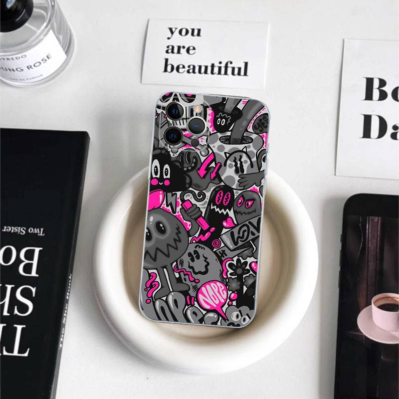 Крутые Черные Граффити для iPhone 17 16 15 14 13 12 11 Pro Max Plus Прозрачный Мягкий ТПУ Чехол для Телефона