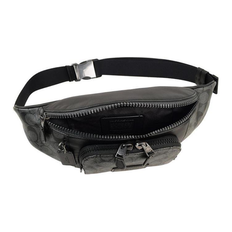 COACH Track Coated Canvas Smooth Cow Leather Fanny Pack Large Men's Black (Unisex) Fanny Packs C3765 QBMI5