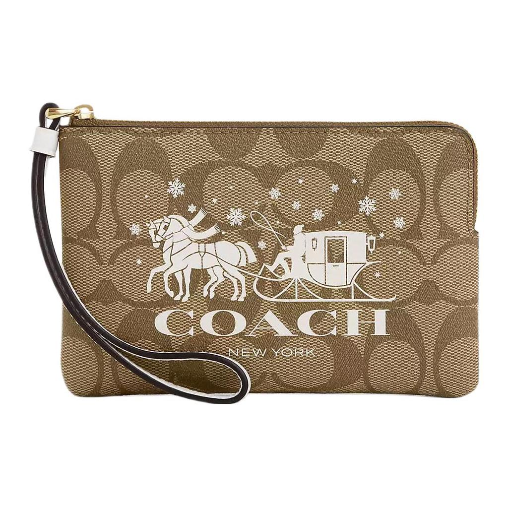 Coach Угловая молния Кошелек на запястье 16 Классический принт Monogram Покрытый холст И гладкая кожа Клатч Мини Женский клатч Золотой Хаки Меловой CN755-IMDJ8