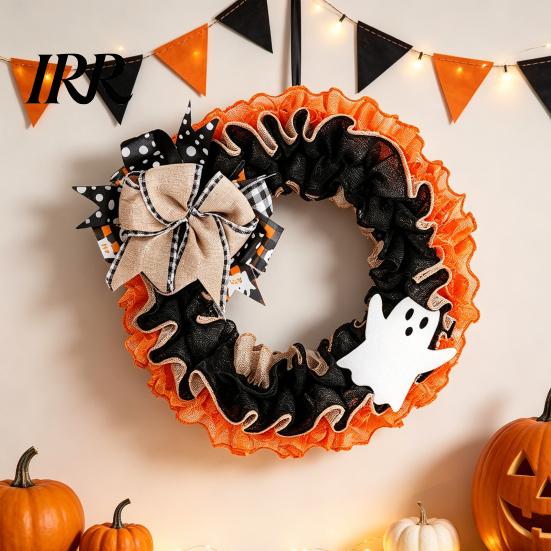 Halloween Wreath 15 Inch for Front Door, Rustic Ruffle with Linen Bow Ghost And Burlap Fireplace Walls Windows Gothic Party Decor Shop Window