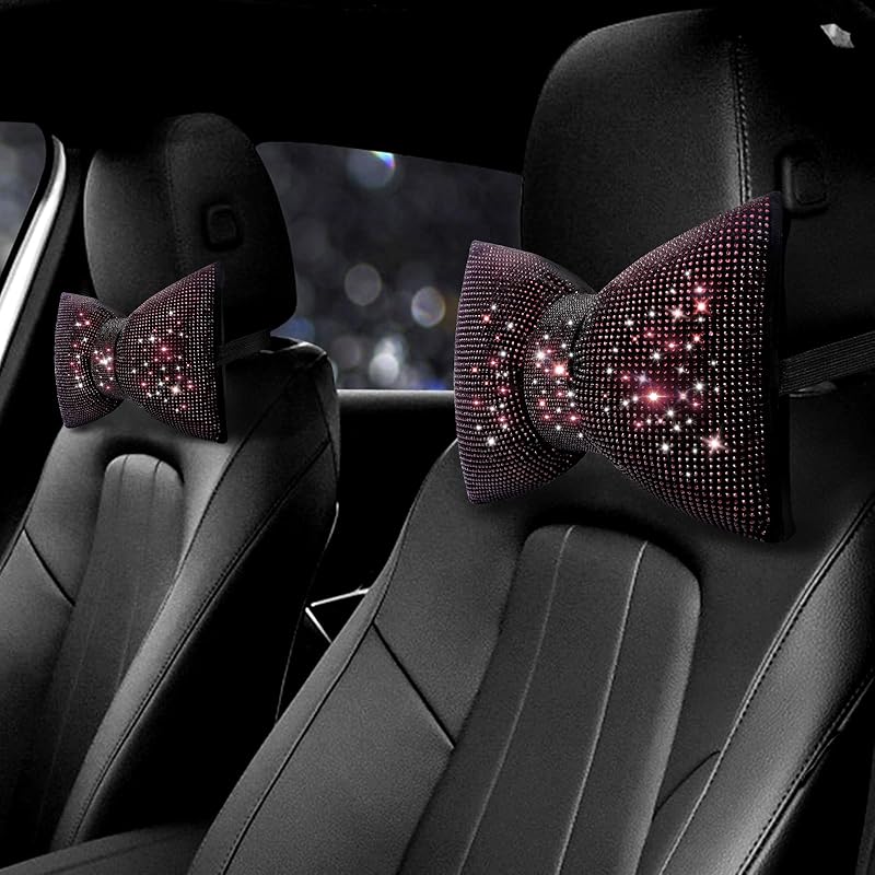 Surpassme 2PCS Rhinestone Car Headrest Neck Pillow For Driving With Bling Bling Crystal Bow Pillow Car Accessories For Women (Silver/White)