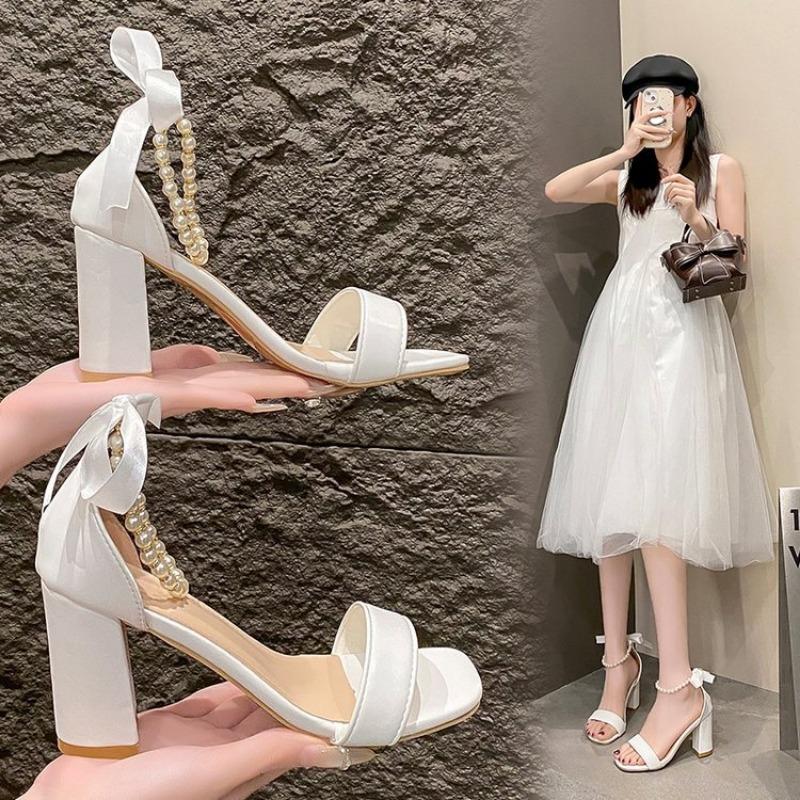 Босоножки на высоком каблуке женские летние жемчужные бантовые пряжки однострочные универсальные босоножки