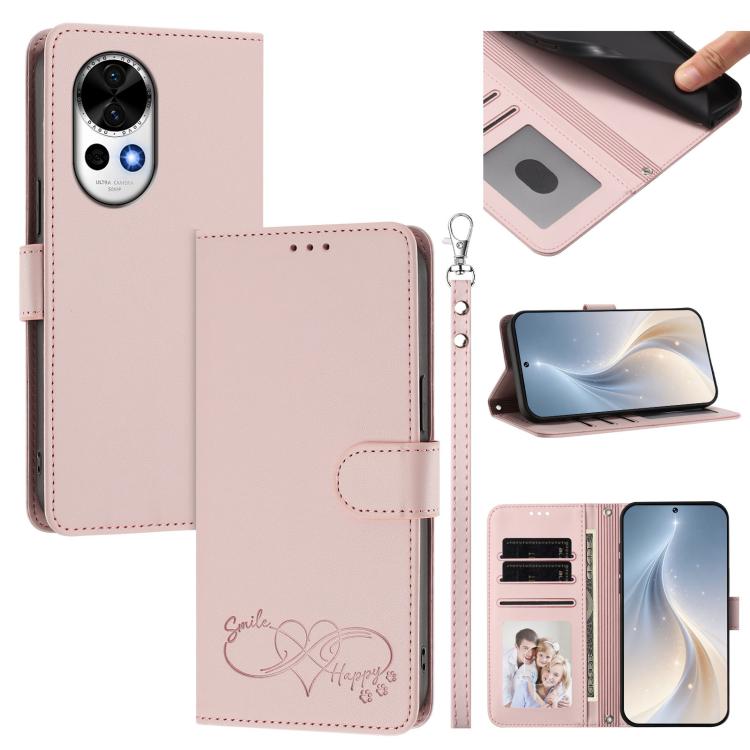Happy Heart Pattern Magnetic Closure Vegan Leather Phone Case with Wrist Strap For Huawei Mate 60