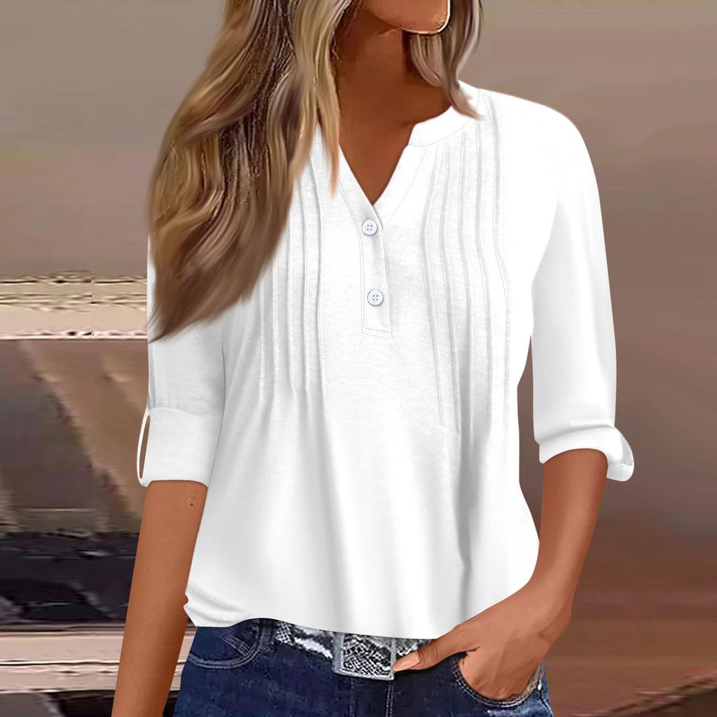 Women's Fashion Casual Solid Colour V-Neck Long Sleeve Button Down T-Shirt Top