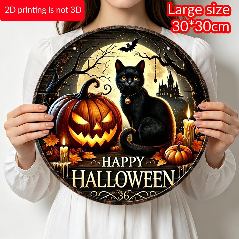 2D Flat, 1pc Vintage Halloween Black Cat Wall Decor, Round Aluminum Hanging Sign Featuring "Happy Halloween" Text, Pumpkin Lantern And Bat Patterns