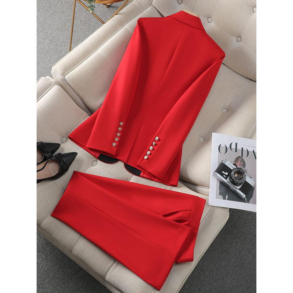 Модный красный черный бежевый женский брючный костюм из 2 предметов для офиса, женская деловая рабочая одежда, формальный пиджак и брюки