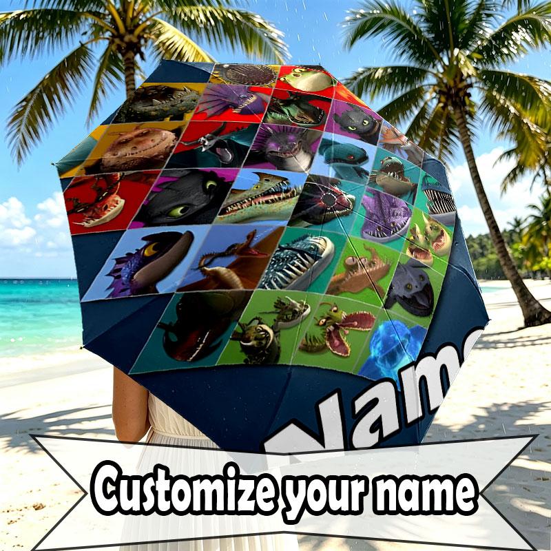 Custom Name Personalized How to Train Your Dragon Print Umbrella, Auto Open Close, 8‑Rib Sturdy Frame, Commute Camping Hiking Use, Birthday Gift