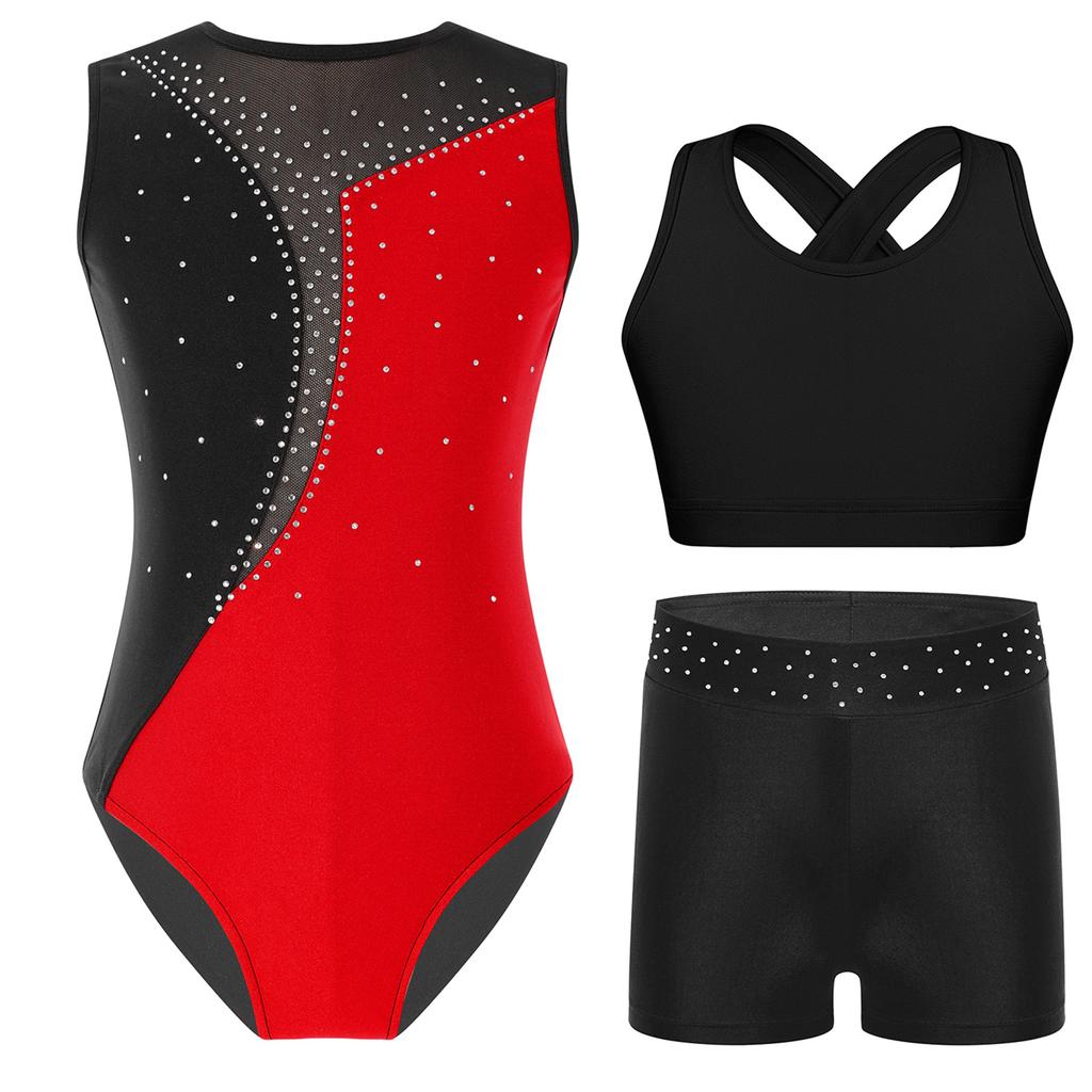 Girls Sleeveless Dance Set Shiny Rhinestone Contrast Color Gymnastics Leotard with Shorts and Top