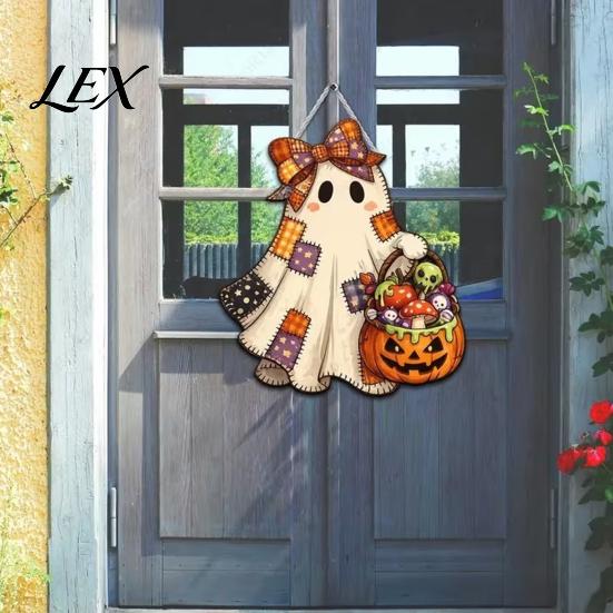 Home Wall Embellishment Halloween Cute Bow Ghost Door Sign, Wooden Patchwork Hanging Plaque with Pumpkin Candy Basket, Sign Retro Pendant Lanyard for