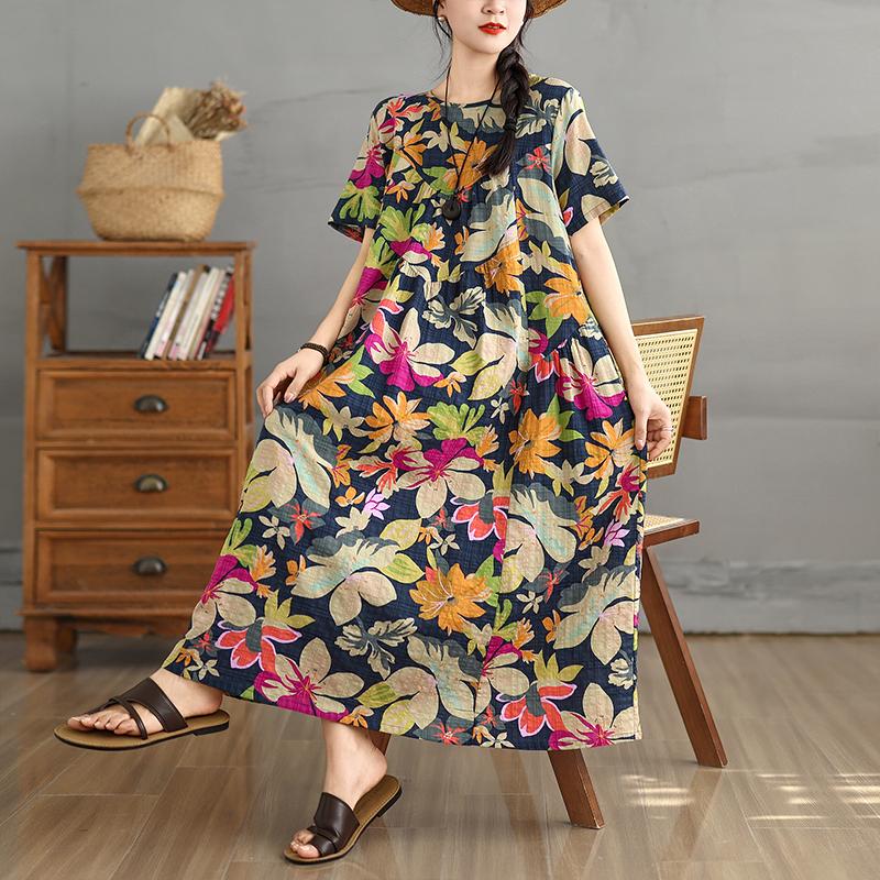 DIMANAF 2025 Women Plus Size Spring Summer Dress Casual Floral Dress Basic Vintage Loose Long Dress Maxi 9296
