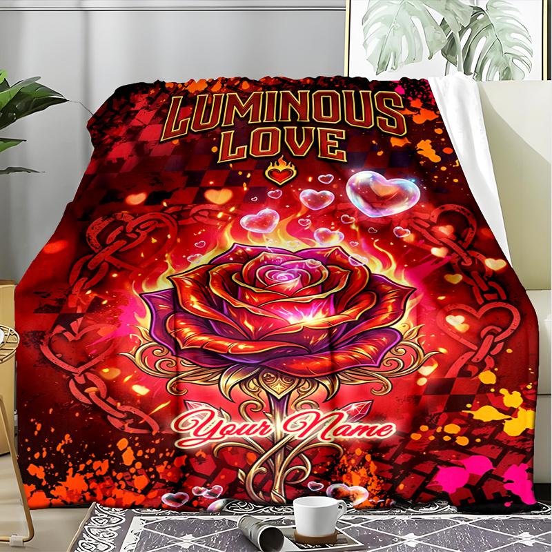 1PC Custom Name Luminous Love Artwork flannel blanket versatile,all-season throw suitable for the living room,bedroom,camping,travel,and gift
