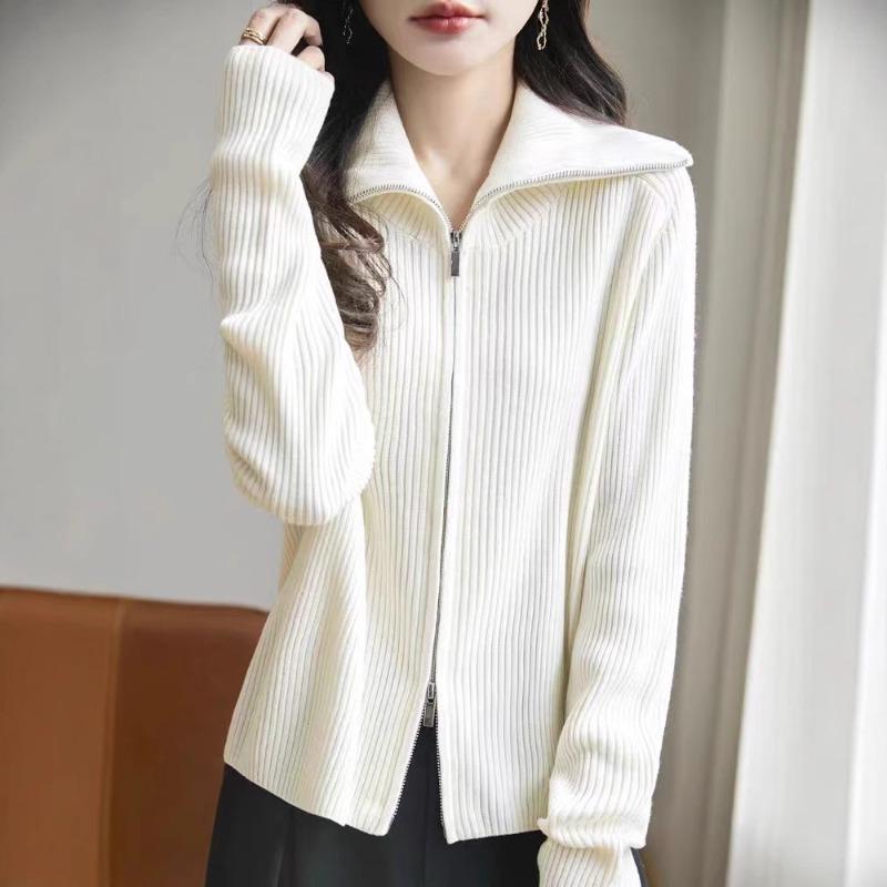 Double Zipper Lapel Knitted Cardigan Women's Spring and Autumn New Loose Versatile Thin Sweater Jacket Casual Outside