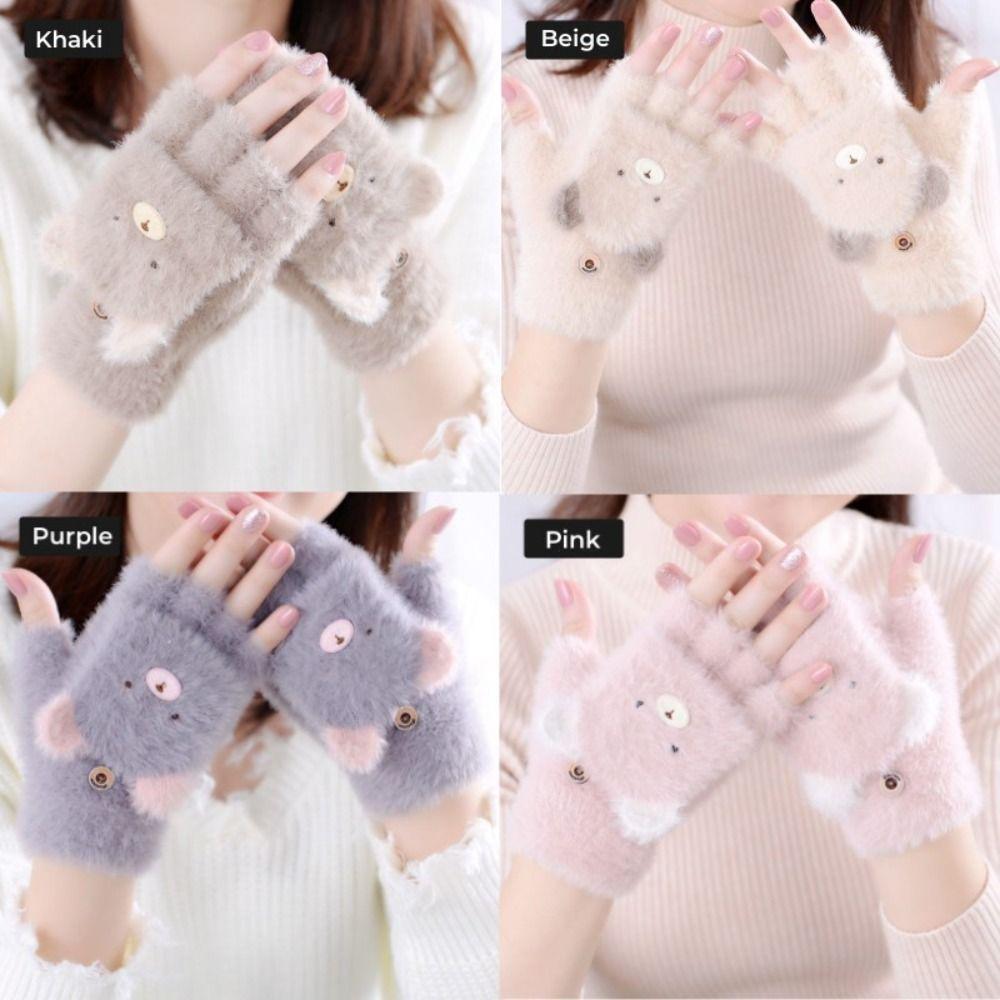 1Pair Cartoon Bear Fingerless Gloves Mittens Winter Warm Gloves Lovely Half Finger Gloves Women