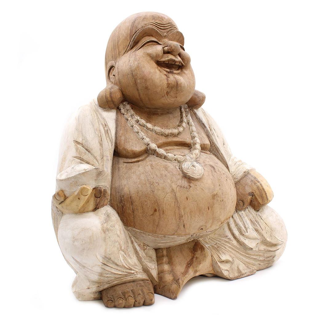 Buddha Statue Happy Whitewash Suar Wood 50cm