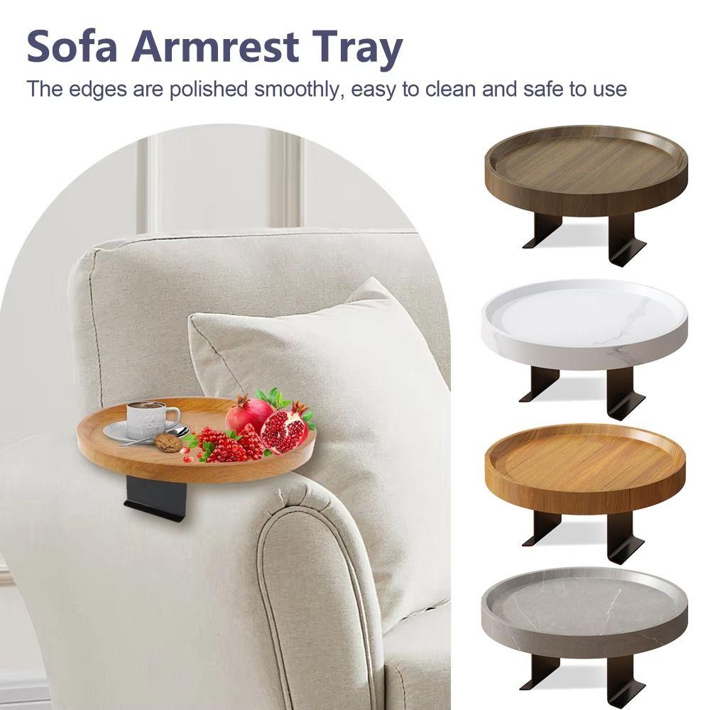 Round Wooden Mini Side Table Waterproof Couch Arm Side Holder Sofa Arm Rest Organizer Bedroom