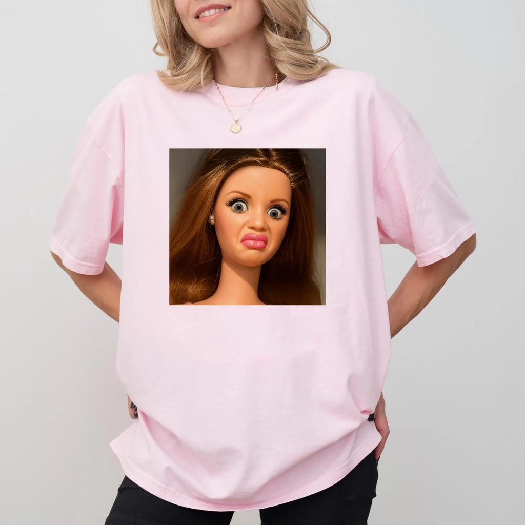 Unisex Funny Doll Face Print Oversized Streetwear Cotton Short Sleeve All Season Casual Tee