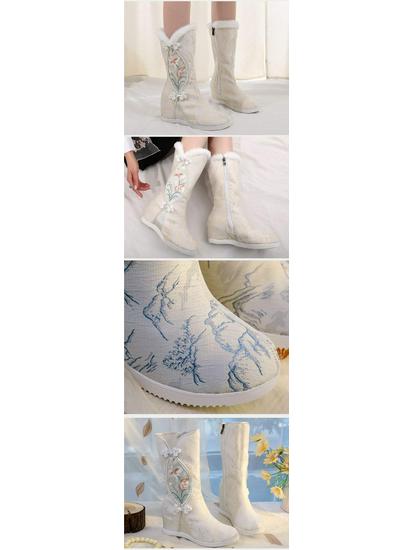 Вышитые зимние сапоги до колена в стиле ханьфу: Этнический стиль, Плюшевый хлопок, Внутреннее увеличение высоты