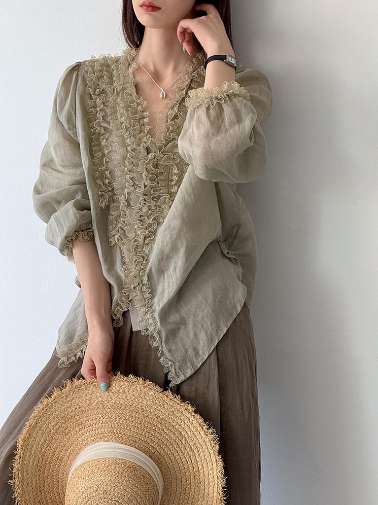 Tachibana Korean literary and artistic versatile fungus edge collar thin top age-reducing ramie shirt women's 17171 ramie new