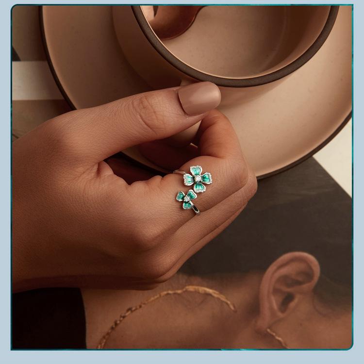 Four-Leaf Clover Open Ring For Women, Small Fresh Lucky Leaf S925 Sterling Silver Ring Jewelry