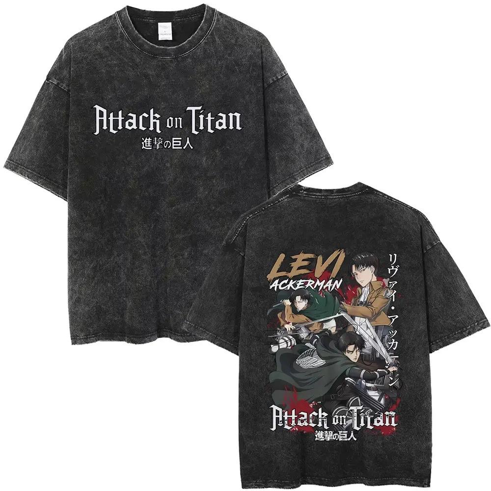 Washed Retro Anime Attack Titan Pattern T-Shirt Men'S And Women'S Comics Retro Oversized T-Shirt Men'S Fashion Casual Cotton T