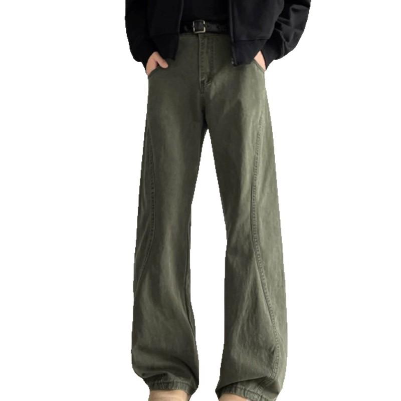 Gray Green Cut Jeans Mens High Street Vibe Slim Straight Flare Pants OOTD