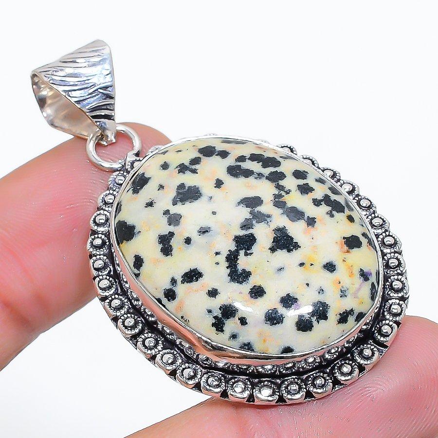 Dalmation Jasper Gemstone 925 Sterling Silver Jewelry Pendant 2.01" SU-10752