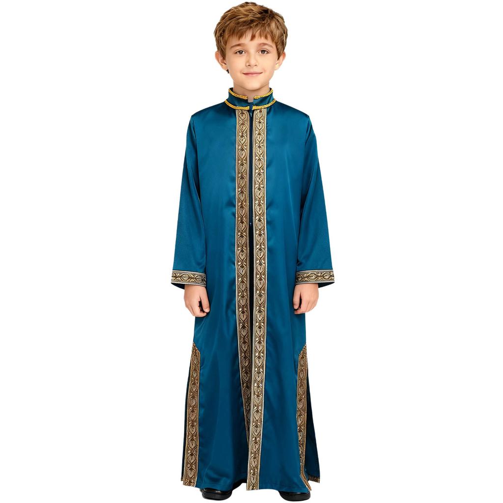 Boys Arab Gown Islamic Robe Long Sleeve Stand Collar Gold Embroidery Maxi Kaftan Festival Holiday Costume