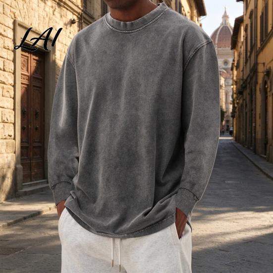 Vintage Washed Crewneck Tops Pullover Tops Relaxed Fit Distressed Raglan Sweatshirt Crew Soft Brushed Fabric Apparel Neck Long Sleeve Shirt