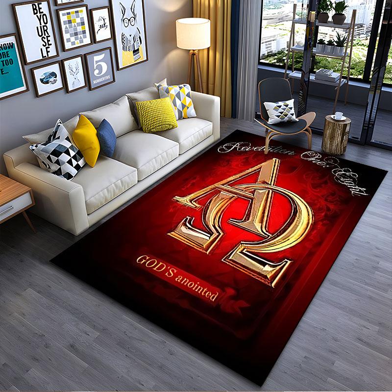 Alpha Omega Red Religious Carpet suitable as a non-slip mat for the living room or bedroom sofa