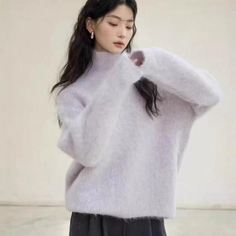 Soft Faux Mink Knit High Neck Sweater Women Loose Fit Warm Pullover Oversized Casual Top In Solid Colors