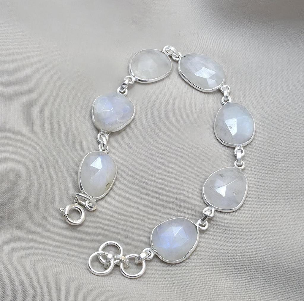 Rainbow Moonstone 925 Sterling Silver Bracelet Natural Handmade