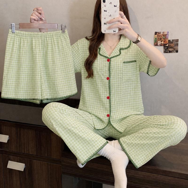 Little fresh fairy style summer new short-sleeved pajamas women's lazy sense loungewear cloud cotton three-piece set